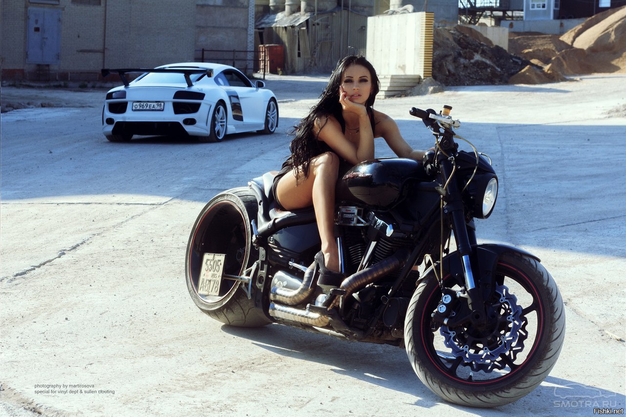 Sexy model Brunettes on a motorcycle in Lodz